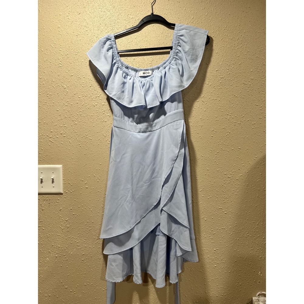 MOD Light Blue Ruffle Off Shoulder High Low Wrap Skirt Dress Size M